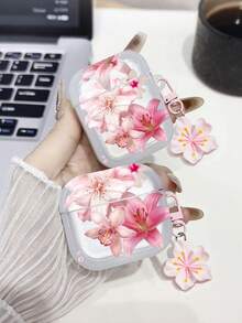 1pc Floral Print Transparent Earphone Case With Cherry Blossom Pendant, Anti-Fall Protective Cover Compatible With AirPods 1/2/3/Pro/Pro 2, Lily & Orchid Print, Pink & White Color, Detachable Cherry Blossom Keychain, Girly Ins Style, Wireless Bluetooth Earphone Accessory - Multicolor - View 1