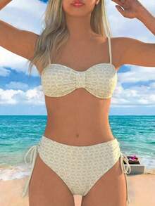 女士向日葵性感吊带露背比基尼套装度假 - 杏色 - 查看 1