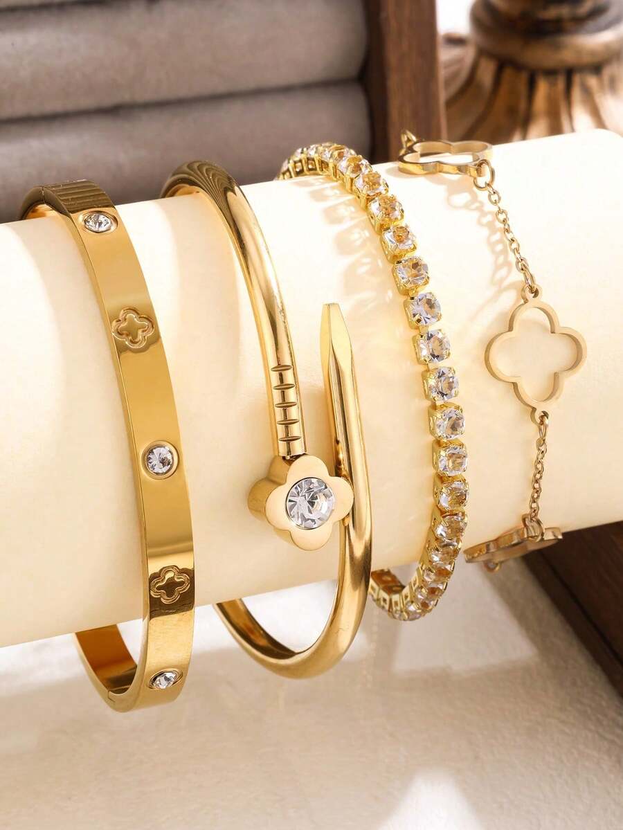 4 Stücke/Set Edelstahl Kleeblatt Zirkonia Blumen Armband, vielseitiges Schmuckzubehör für Frauen, geeignet für eleganten Alltag und Partys, ideales Geschenk - Goldgelb - Übersicht 1