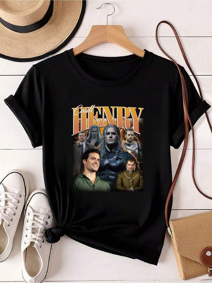 Maglietta da donna con stampa di Henry Cavill, Camicia Argylle, Camicia Argylle, Camicia di Geralt di Rivia ERG6X a maniche lunghe o corte - nero - Visualizzare 1