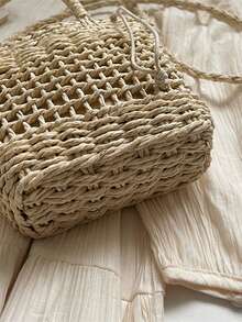 Woven Tote Bag With Sunflower Charm, Crossbody Mini Straw Bag, Girly Vacation Style - Beige - View 7