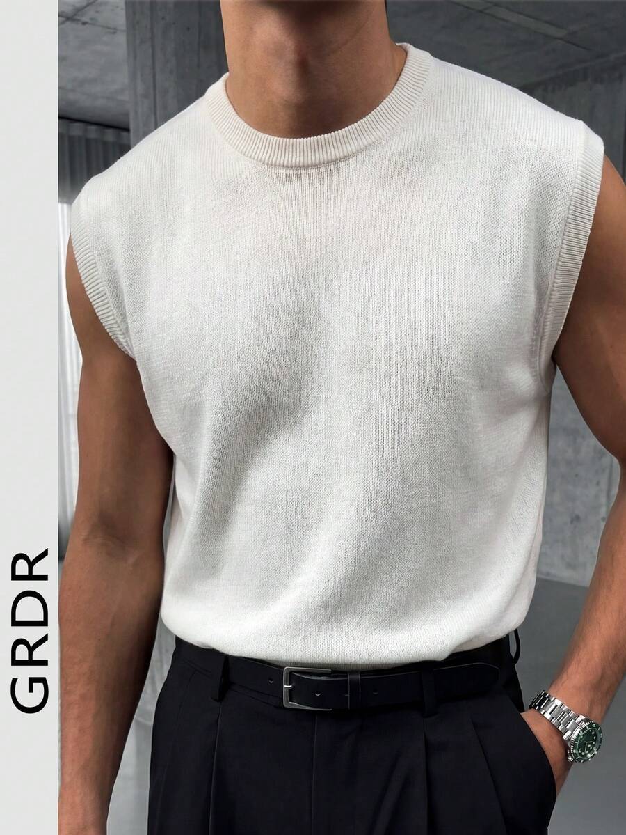 Áo vest len dệt kim màu trắng phong cách retro mùa hè dành cho nam GRDR, áo không tay cổ tròn kiểu dáng thường ngày. - trắng - Xem 1