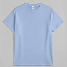 Women's Solid Color Simple Crewneck Short-Sleeved Summer T-Shirt, Daily Wear-Unisex Summer Casual Vintage Cotton Printed T-Shirts For Couples - 天藍色 - 查看 12