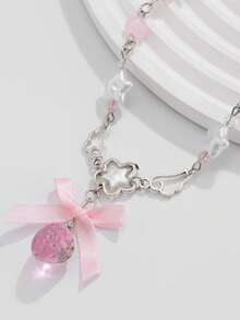 1pc Sweet Acrylic Strawberry Pendant Necklace, Fresh Faux Pearl Ribbon Choker Necklace - Multicolor - View 4