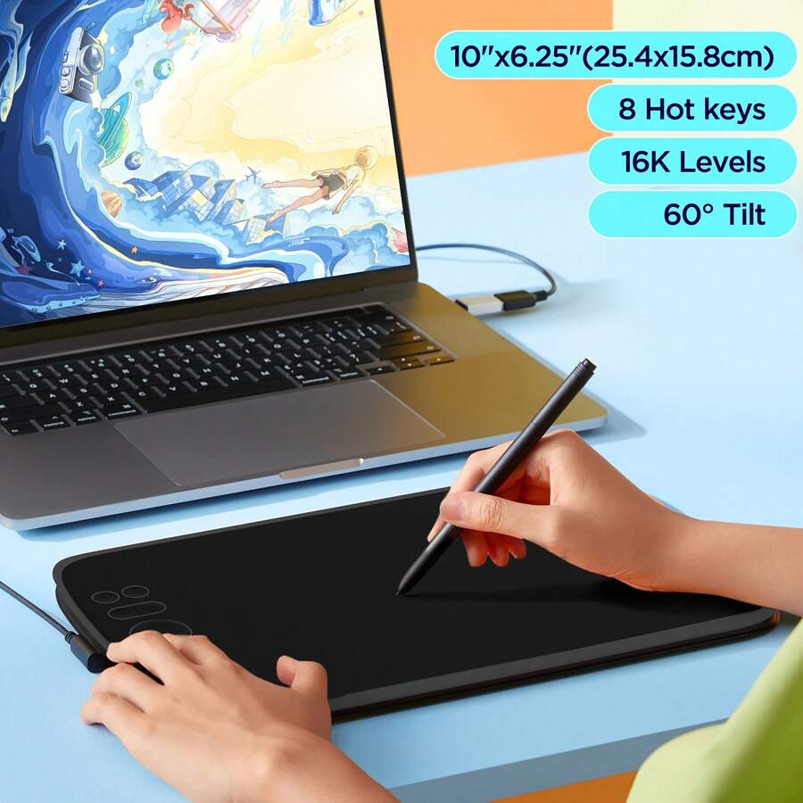 UGEE M908 10x6.25英寸数位绘图板，16384级压感，带滚轮和8个快捷键，兼容Windows、Android及其他设备