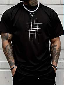 Camiseta Casual de Manga Corta para Hombre - Cuello Redondo, Tela de Poliéster Suave, Diseño Geométrico de Líneas Negras, Estilo Veraniego para Atuendo Casual - Negro - Ver 5