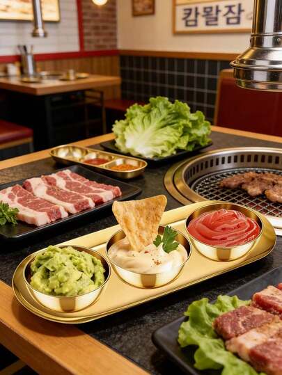 Bộ 4 đĩa đựng nước chấm hình bầu dục bằng thép không gỉ, đĩa khai vị kiểu Hàn Quốc, khay đựng gia vị cho lẩu và nướng BBQ.