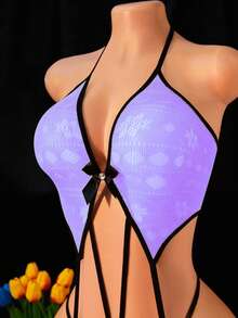 两件套女士性感内衣套装，性感连体衣和及膝袜，比基尼罩衫，性感修身渔网套装，情人节性感派对角色扮演服装 - 淡紫色 - 查看 4