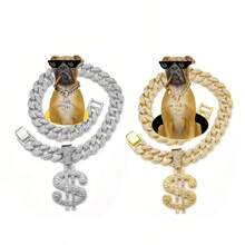 2pcs Street Style Pet Necklaces, Made Of Zinc Alloy Cuban Chain, Hard Texture With Embedded Rhinestones, Adjustable Size, Fashionable Durable And Scratch-Resistant, Suitable For Cats And Dogs - Multicolor - View 9