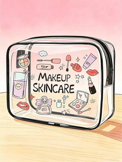 "Skincare Stuff" Letter Print PVC Toiletry Bags, PVC Travel Organizer Pouch With Zipper Closure - Lightweight Fade-Resistant Makeup & Toiletry Bag For Women & Girls, TSA-Approved Portable Cosmetic Case, Easy Wipe-Clean Design, Cosmetic Bag For Mother, Teacher, Friend, Nurse, Cosmetic Bag, Gift Bag For Female Friends,Travel Essentials Bag For School Vacation Holiday Back To School Supplies Wash Bag Waterproof Toiletry Bag