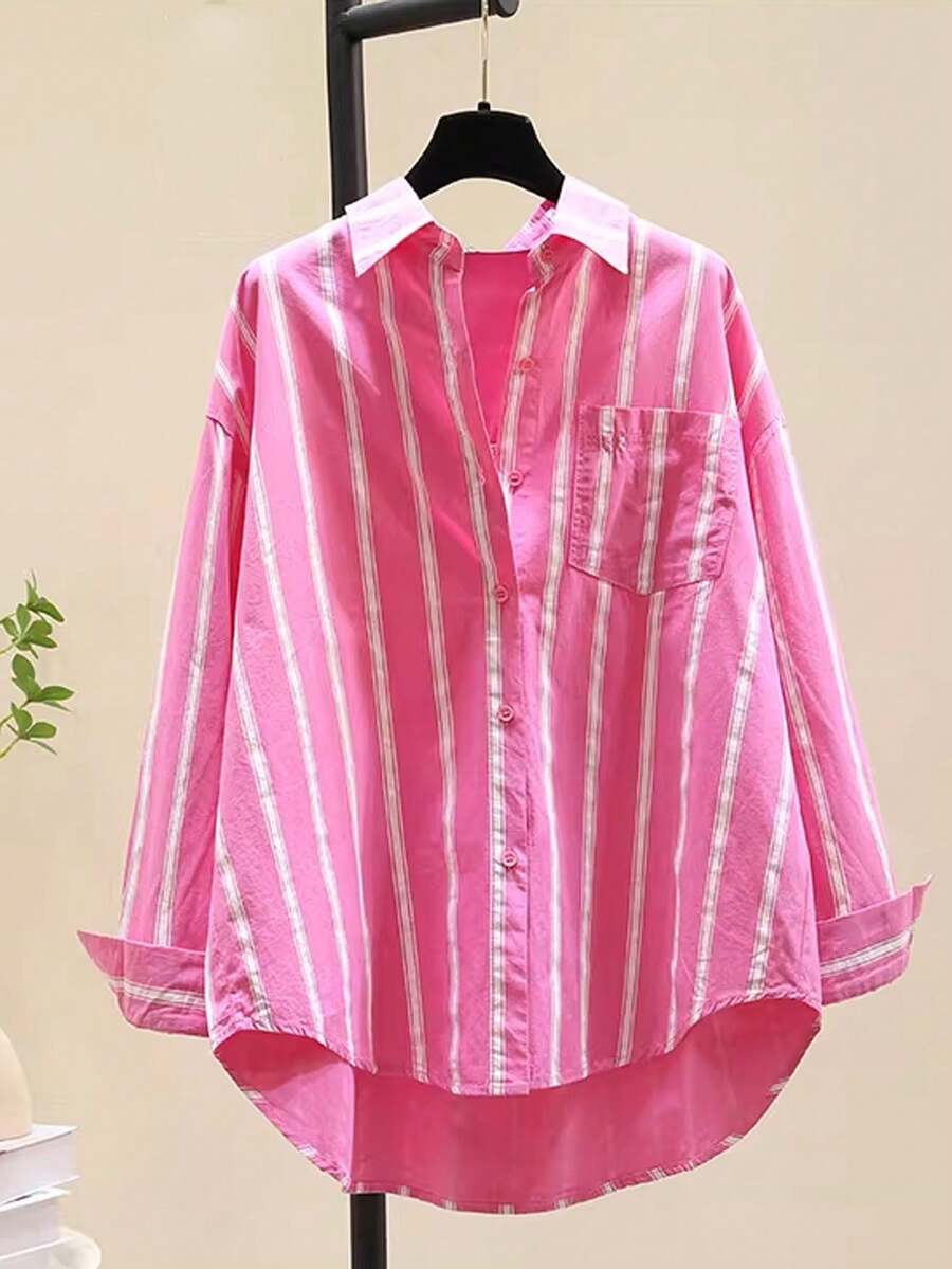 小众绿色条纹女式衬衫,早春新款宽松显瘦休闲上衣,适合春、夏、秋、冬四季穿着。 - 玫紅色 - 查看 1