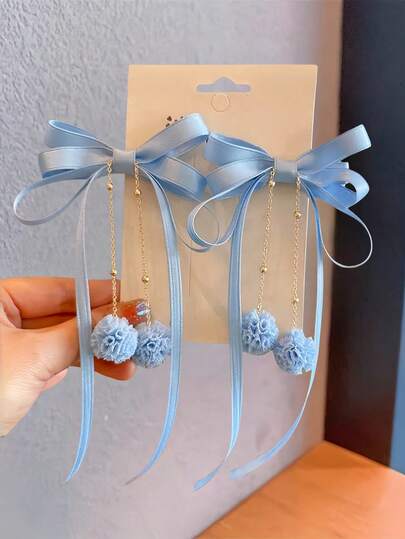 2pcs Girls' Exquisite Elegant Fabric Bow Knot Chain Tassel Hair Clips