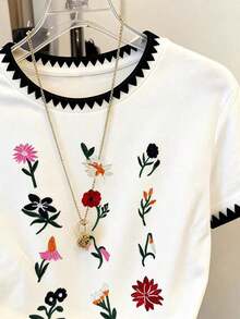 ResylaFloralEmbroideryDesignSimpleRoundNeckShortSleeveT-Shirt,GiftForFriends - Borgoña2 - Ver 6