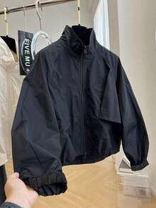 女士黑色立领防风夹克，时尚休闲百搭飞行员夹克，春秋季 - 黑色 - 查看 8