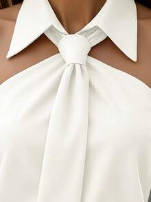 Women's Casual Elegant Versatile Solid Color Collar Tie Halter Sleeveless Zipper Business Design Classic Top, Spring/Summer White - White - View 6