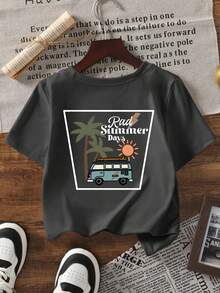 1件婴儿/幼儿男童休闲印花圆领短袖T恤，夏季童装 - 一件引人注目的T恤，为每个孩子带来欢乐和幸福！ - 深灰色 - 查看 3