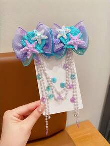 2pcs Girls Mermaid Shell & Starfish Hair Clips, Headband Chain, Bowknot Tassel Princess Hair Accessories - Multicolor - View 3