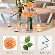 Artificial Flowers  50 Flowers With 12 Leaves  Simulated Ivory Foam Fake Roses With Stems For DIY Wedding Bouquet White Bridal Shower Centerpieces Party Table Decorations Artificial Rose Flowers Fake Roses With Stems Real Touch Foam Flowers For DIY Wedding Bouquet Baby Shower Centerpieces Floral Arrangement Party Home Decorations - 橘色 - 查看 4