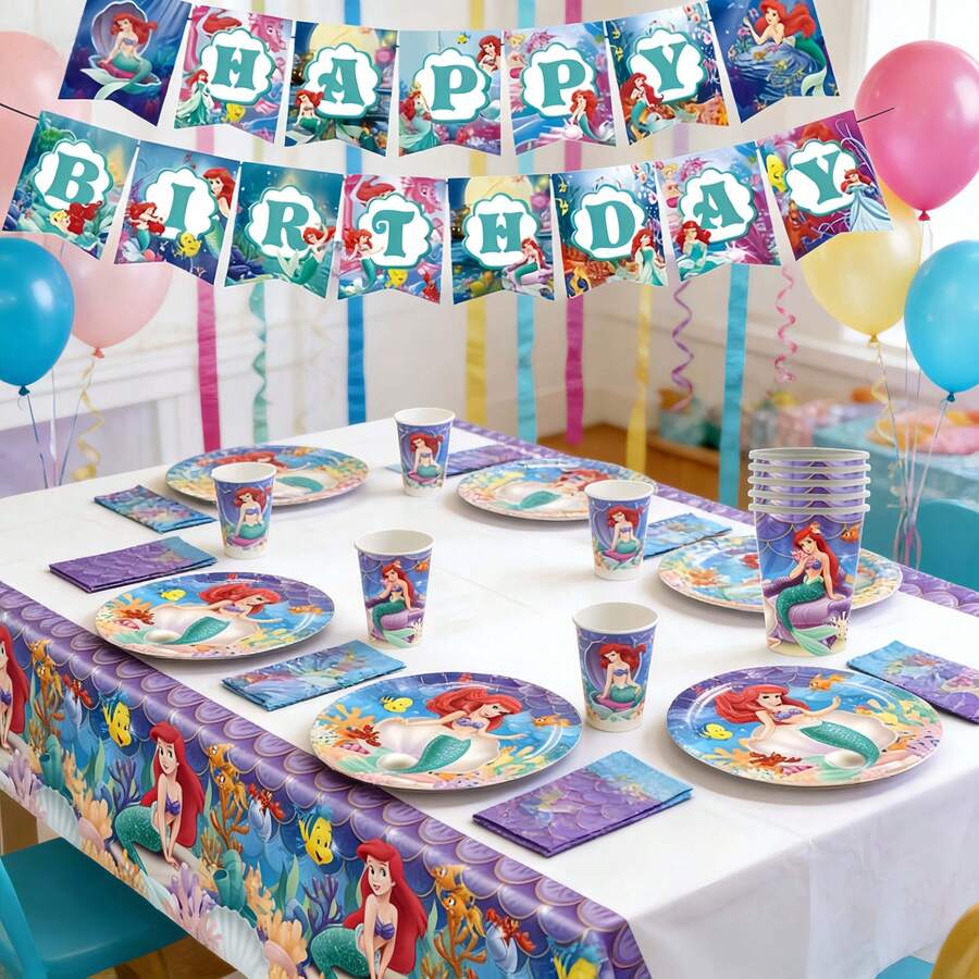 Mermaid Theme Party Tableware Set, Cartoon Birthday Party Tableware, Tablecloth, Napkins, Cups, Plates - Set - View 1