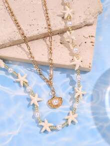 2pcs/Set Fashionable Unique Cute Pearl Shell Starfish Beaded Multilayer Necklace Set, Suitable For Daily Wear, Holiday Party Jewelry For Women - Multicolor - View 2