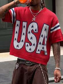 ANDREILEE Men's Unisex Retro American Style Sports USA Star Print Casual Streetwear Loose Ribbed Crew Neck Comfortable Knit Sweater, Red - Red - View 2