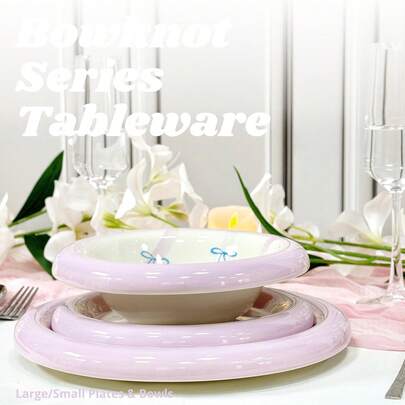 LECHENG HOUSEHOLD Bộ đồ ăn bằng gốm sứ 2 món, vẽ tay họa tiết sọc và nơ xanh, viền hồng và tím, đĩa đường kính 10.4 inch & 7.87 inch, bát đường kính 7.87 inch, đĩa mì, đĩa tráng miệng, đĩa trang trí, bát salad, thích hợp cho đám cưới, nhà bếp gia đình