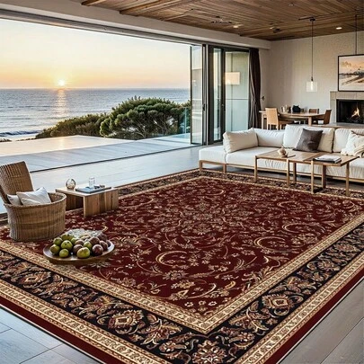 1 قطعة سجادة فاخرة بطراز عتيق، قاعدة بلون بوردو وطبعات زهرية باللونين الأسود والذهبي. مصنوعة من مادة الأحمر الفاخر، تزن حوالي 850 جرام، سمك حوالي 0.6 سم. سجادة متينة، مانعة للانزلاق، سهلة التنظيف. متوفرة بأحجام متعددة. مناسبة للمطبخ/غرفة المعيشة/غرفة الطعام/غرفة النوم/الشرفة/الحمام/المكتب. خيار ديكور منزلي مثالي.