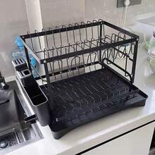 1 Set Escurridor de platos de metal de doble nivel con soporte para cubiertos, estante para tazas y bandeja de goteo, sin necesidad de perforar, ahorra espacio, resistente a la oxidación, organizador de almacenamiento de cocina resistente y duradero, fácil de limpiar, sostiene platos, tazas y utensilios - Multicolor - Ver 10