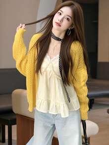Alicedudu Women's Autumn Minimalist Casual Dropped Shoulder Long Sleeve Knit Cardigan - Yellow - View 1