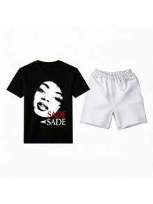 Conjunto para hombre estilo casual minimalista con estampado de letras tela cómoda ajuste holgado cuello redondo manga corta primavera verano uso diario set de playera y shorts - Negro 1 - Ver 1