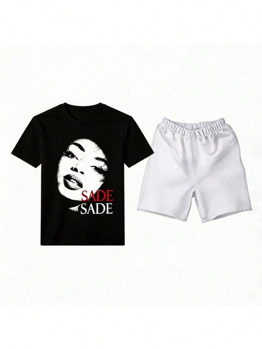 Conjunto para hombre estilo casual minimalista con estampado de letras tela cómoda ajuste holgado cuello redondo manga corta primavera verano uso diario set de playera y shorts - Negro 1 - Ver 1