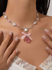 1pc Sweet Acrylic Strawberry Pendant Necklace, Fresh Faux Pearl Ribbon Choker Necklace - Multicolor - View 2