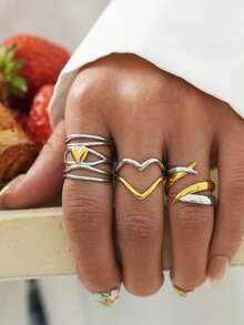 Uself 3pcs/1pc 18K Gold Plated 304 Stainless Steel Dual-Tone Heart Twist Rings Set, Polished Intertwined Open Rings, Daily, Party, Holiday Gift For Women - Multicolor - View 5