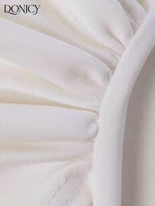 DONICY Elegant White Mesh V-Neck Dress, Women's Fashion Short Sleeve Mid-Length Dress, Waist Cinched Design, Textured Sexy Party Dress - White - View 3