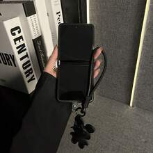 韓式可愛黑色手機殼，附兔子造型吊飾掛繩，相容 Galaxy ZFlip7 Flip8 Z Flip6 ZFlip 5 Zflip6 Zflip5，防震背殼，適用手機 - 黑色 - 查看 5