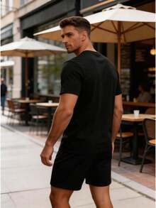 Conjunto masculino estilo italiano minimalista de dos piezas con estampado de letras MILANO en algodón ajuste holgado cuello redondo manga corta primavera verano uso casual set - Negro 2 - Ver 4