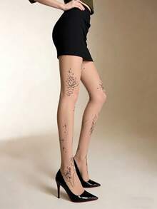 1双裸色透明丝袜，莲花印花，性感花卉图案，日常穿着 - 彩色 - 查看 4