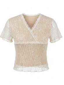 Áo kiểu ren cổ chữ V gợi cảm, thiết kế thắt eo, dáng ôm, áo hè thanh lịch dành cho nữ. - Màu be - Xem 6