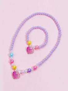 2pcs/Set Kids Heart Pendant Necklace & Beaded Bracelet Jewelry Set, Sweet Princess Style, Suitable For Girls Daily Wear, Birthday Party, Holiday Gift - one-size - View 7