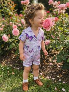 Satin Footless Pajamas Fashionable Strawberry Printed Short Sleeve Button Down Romper - 紫色 - 查看 2
