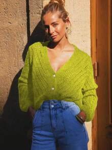 Women's Neon Green Single-Breasted Long Sleeve Knitted Cardigan, Autumn/Winter - Fluorescent Yellow-green - View 4