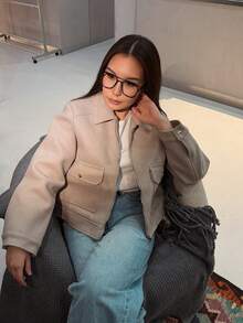 Women's Thick Tweed Jacket In Powder Pink, Front Zipper With Pockets, Street Style Autumn/Winter Coat - Beige - View 7