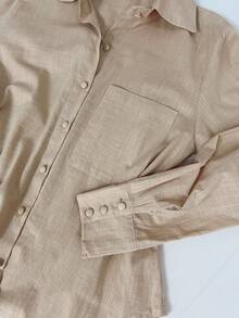 Linen Set With Three-Quarter Sleeves And High-Waisted Pants With Elastic Waistband | Lightweight Fabric - 卡其色 - 查看 7