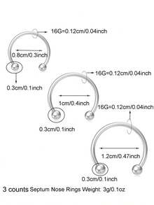 3-8件/套 16G不锈钢鼻环、马蹄形鼻钉、耳环、眉环、唇环、耳骨环、耳垂环，6-12毫米 - 3個時尚隔膜鼻環 - 查看 17