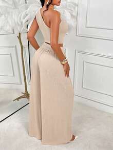 AIJ 女士性感波西米亚风休闲单肩镂空露脐上衣配口袋阔腿裤两件套，中等弹力 - 杏色 - 查看 2