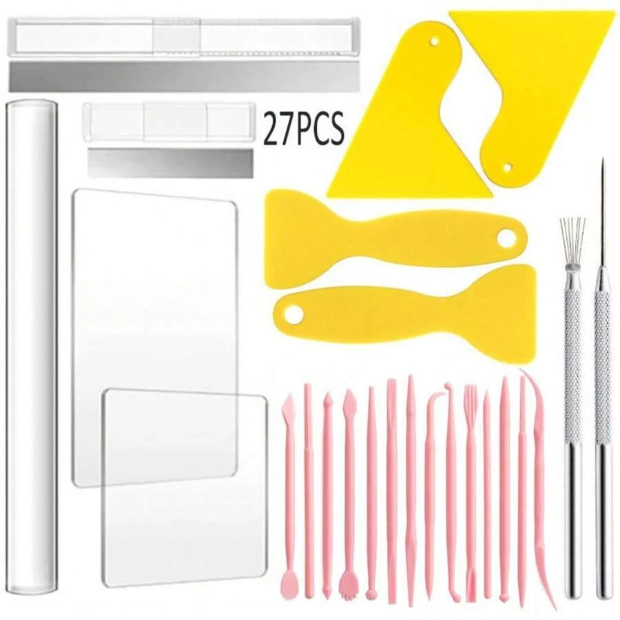 Bộ dụng cụ nghệ thuật gốm sứ 27 món, gồm que nặn đất sét acrylic và bảng tạo hình. - Bộ dụng cụ làm gốm 27 món cỡ K (màu hồng) - Xem 1