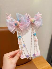 2pcs Girls Mermaid Shell & Starfish Hair Clips, Headband Chain, Bowknot Tassel Princess Hair Accessories - Multicolor - View 4