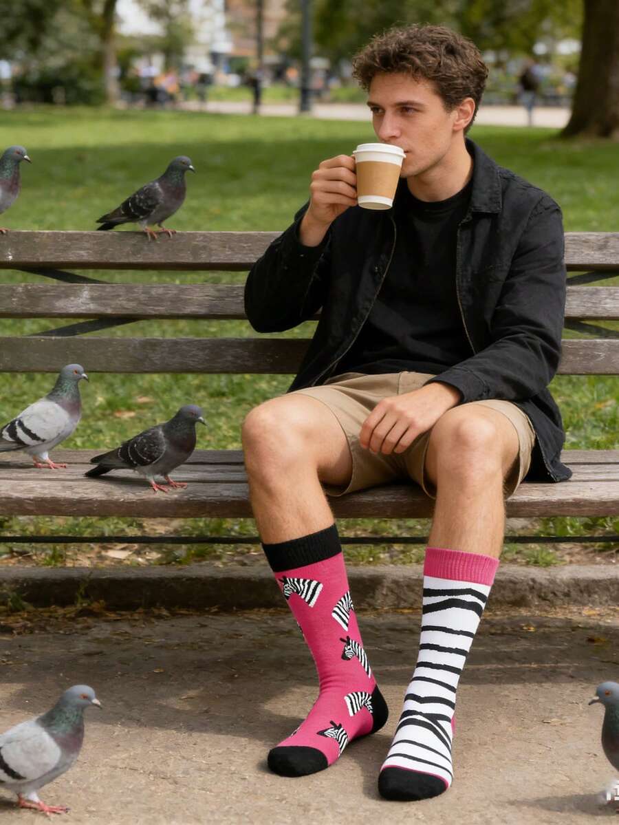 1双男士斑马纹休闲中筒袜，春夏百搭 - 彩色 - 查看 1