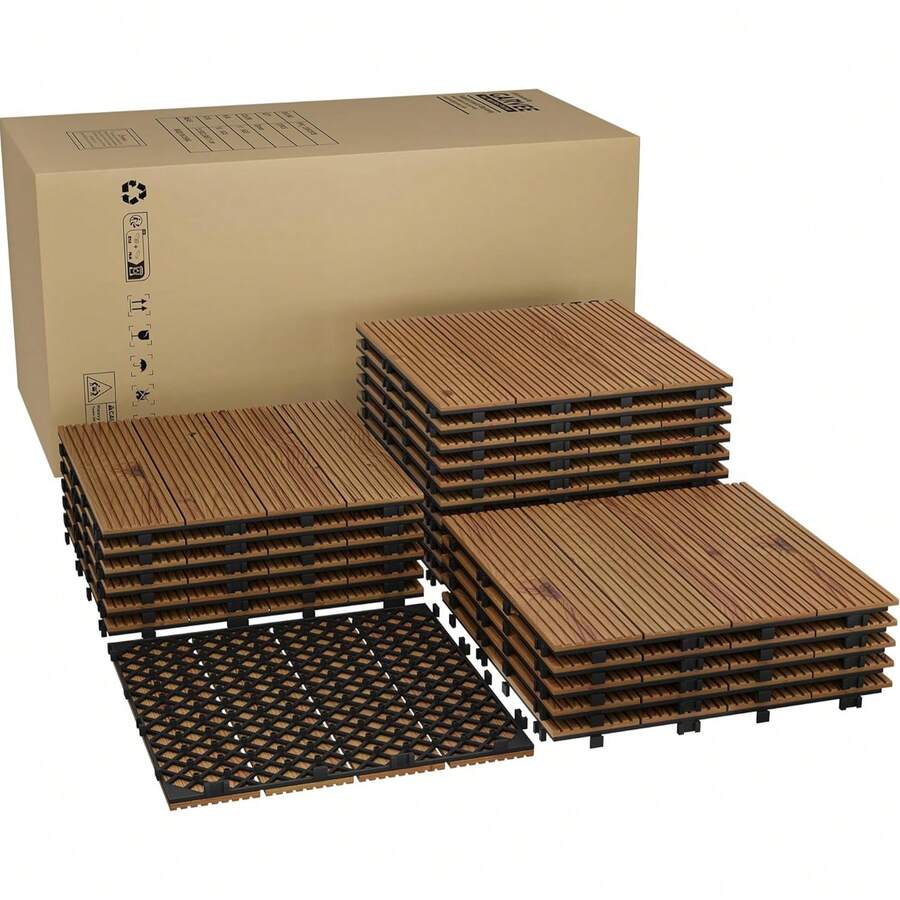 22PCS azulejos de cubierta interconectados de madera de acacia superior, pisos al aire e interiores impermeables antideslizantes, instalación rápida simple para balcón, junto a la piscina, pared del jardín, 12x12inch - marrón - Ver 1