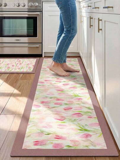 1pc Watercolor Tulip Print Kitchen Runner Rug, Nordic Luxury Style, Suitable For Kitchen, Hallway, Dining Room, Laundry Room, Entryway, Bedroom, Easy Care Machine Washable